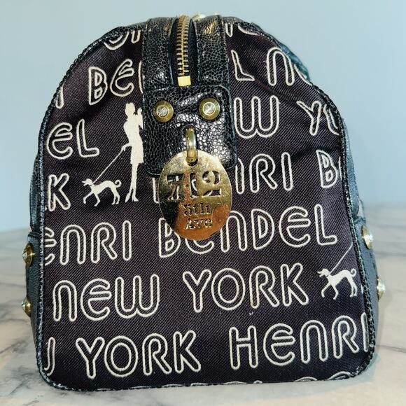 Henri Bendel Signature Brown Logo Speedy Satchel Large Handbag 13"x7x8 Gold - Picture 4 of 13